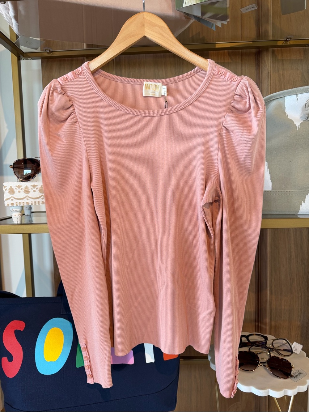 Nation LTD Dusty Pink Ribbed Puff-Sleeve Top